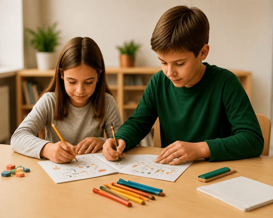 Doi copii scriind împreună la o lecție Up for Learning